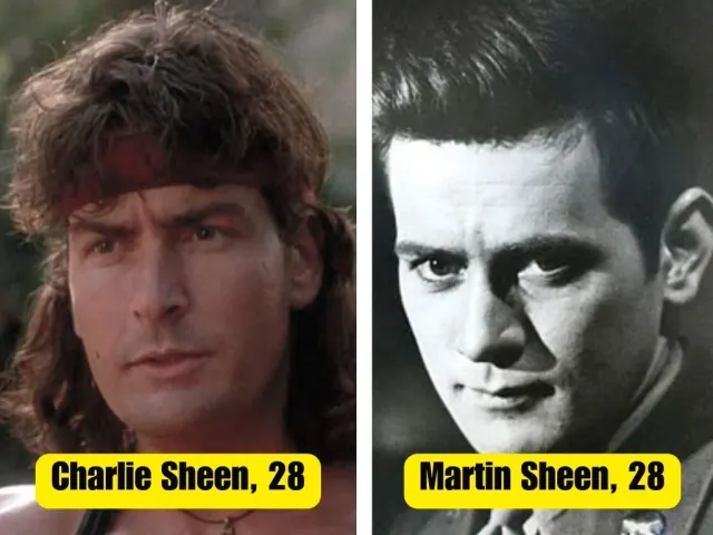 Charlie Sheen in color beside Martin Sheen in black and white