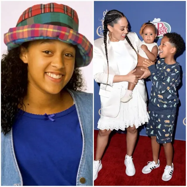 Tia Mowry in a colorful hat beside a later event photograph with her children