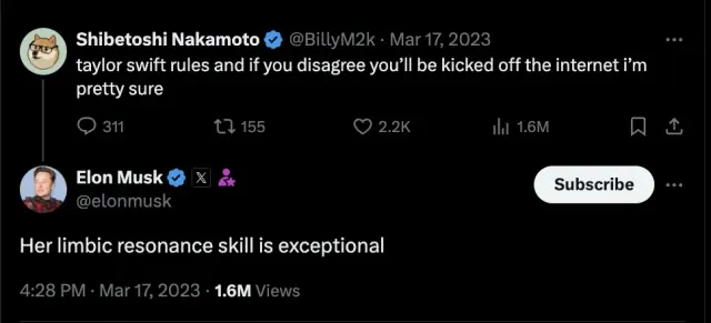 An archived 2023 X exchange discussing Taylor Swift