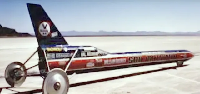 The long rocket-powered vehicle shown in the original Kitty O'Neil archive.