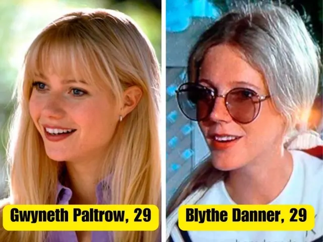 Gwyneth Paltrow with long blond hair beside Blythe Danner wearing round sunglasses