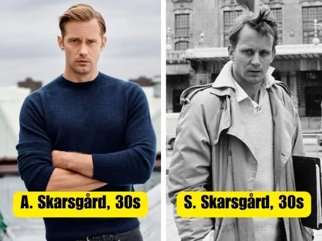 Alexander Skarsgård in a sweater beside a black-and-white portrait of Stellan Skarsgård