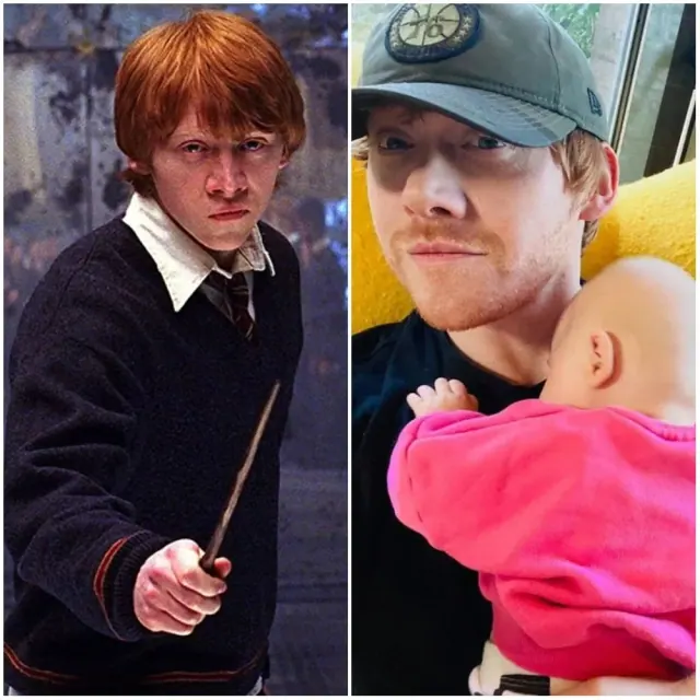 Rupert Grint as Ron Weasley holding a wand beside a later photograph wearing a cap and holding a baby