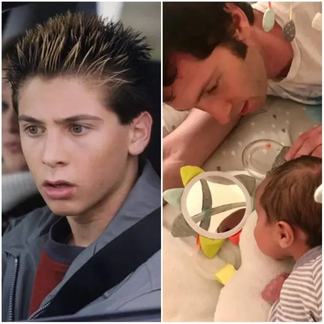 Justin Berfield as Reese beside an older photograph leaning toward a baby; Frankie Muniz is not pictured