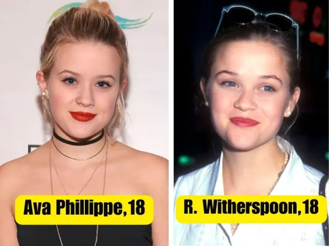 Archive portraits of Ava Phillippe and Reese Witherspoon with red lipstick