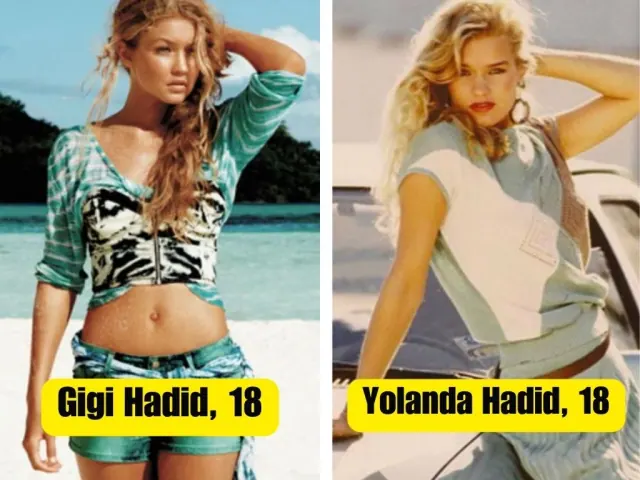 Gigi Hadid and Yolanda Hadid in modeling photographs with arms raised