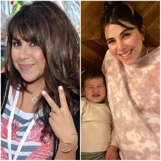 Daniella Monet in an early Nickelodeon-era image beside a later photograph holding a baby