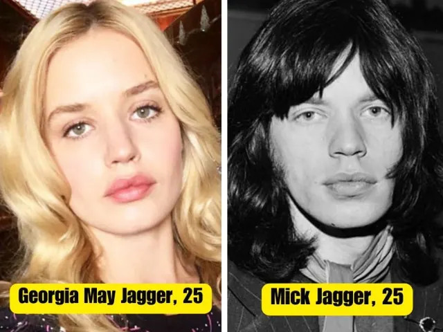 Georgia May Jagger beside a portrait of Mick Jagger with dark hair