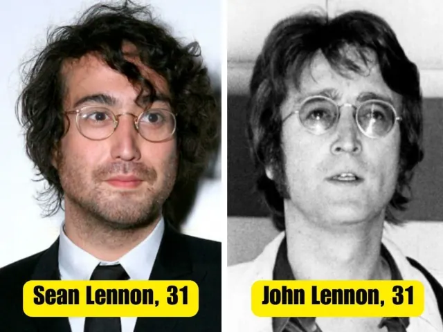 Sean Lennon and John Lennon wearing round glasses in separate portraits