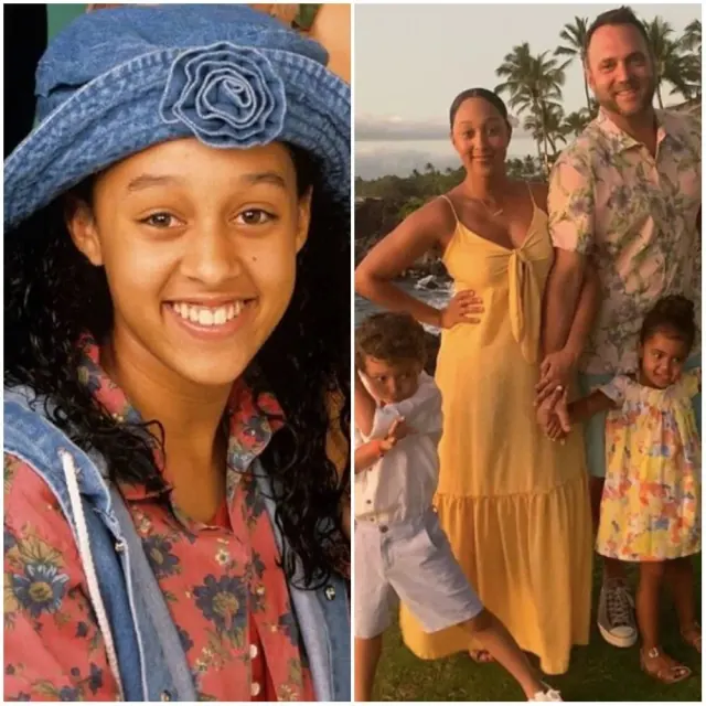 Tamera Mowry-Housley as Tamera Campbell beside an older family photograph