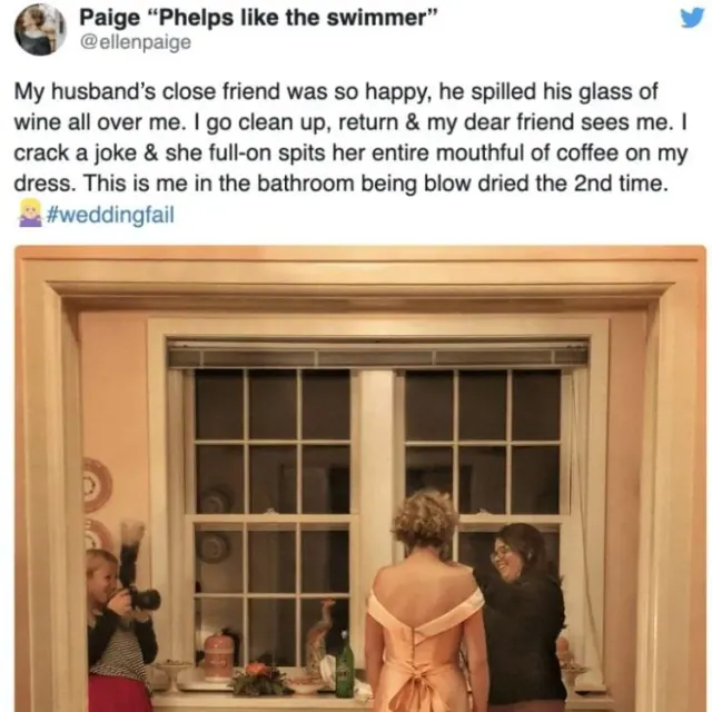 Archived Paige post above a bride’s dress being tended to during a bathroom cleanup