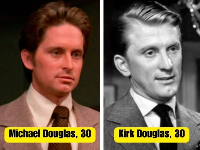 Michael Douglas in color beside Kirk Douglas in black and white, both wearing ties