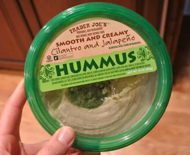 Tub of Trader Joe’s cilantro and jalapeño hummus