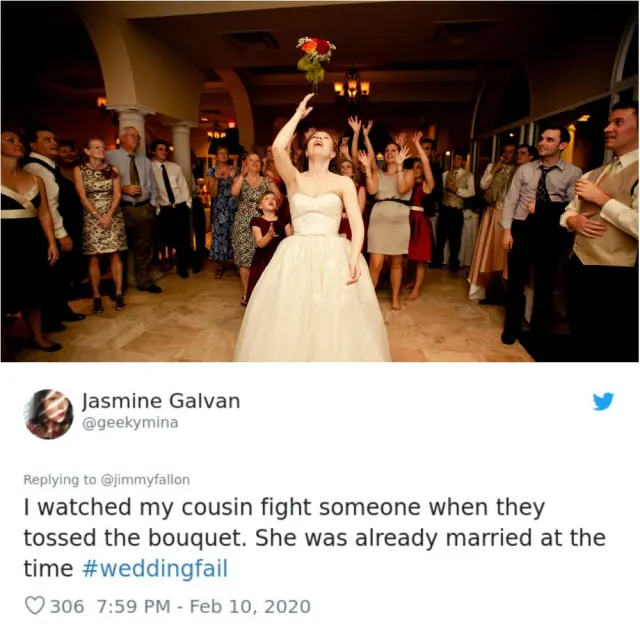 Archived Jasmine Galvan bouquet-toss account paired with a photograph of guests reaching for flowers