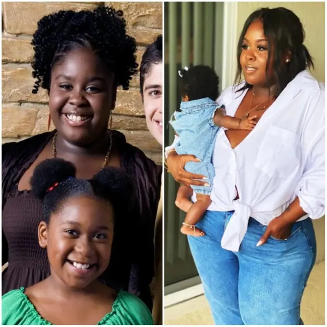 Raven Goodwin in an early television still beside a later photograph holding a baby