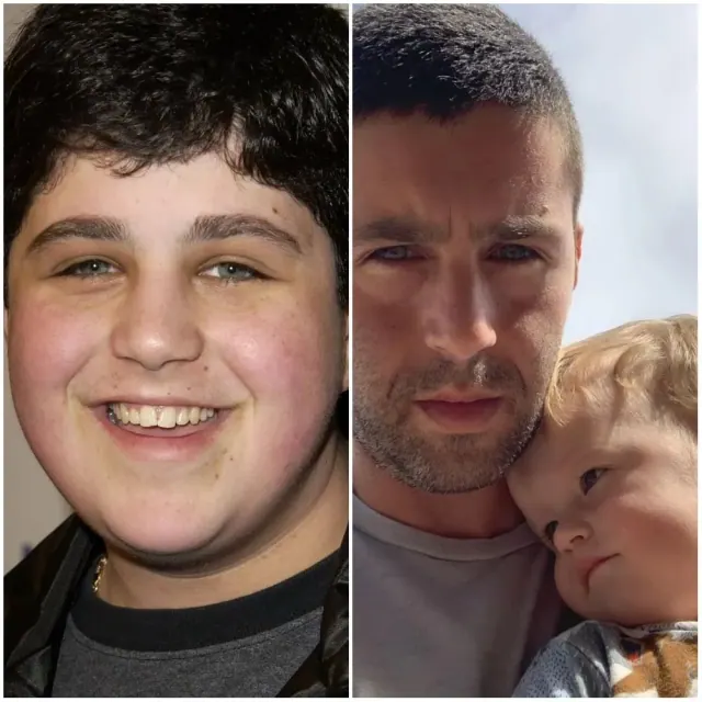 Josh Peck in an early portrait beside a later photograph holding a child