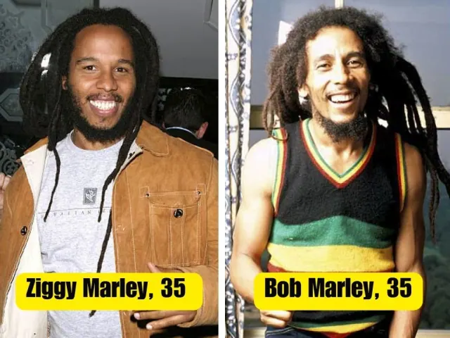 Ziggy Marley and Bob Marley smiling in separate photographs
