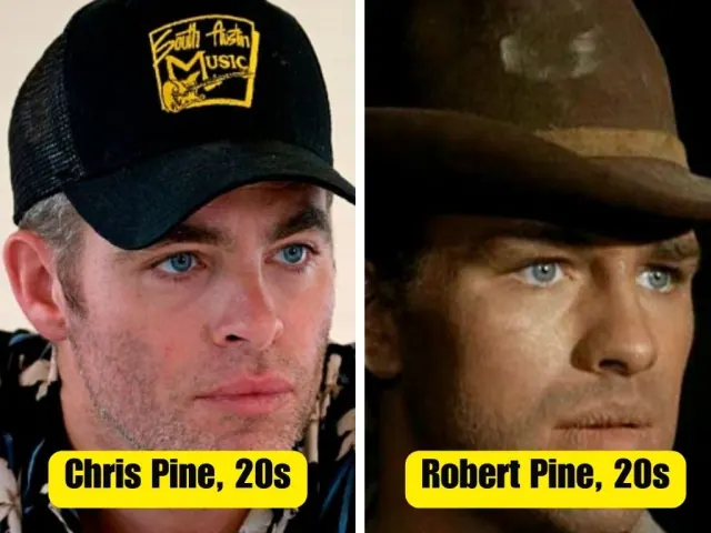 Chris Pine in a trucker cap beside Robert Pine in a broad-brimmed hat; printed ages unverified