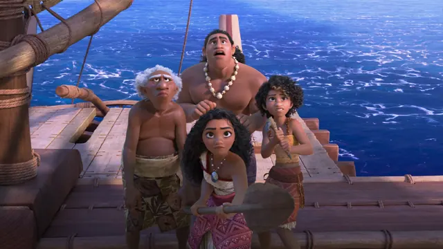 Moana and three members of her tribe on a boat as a shadow looms over them in 'Moana 2;' Is Hollywood Allergic to Marketing Musicals? 