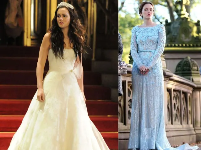 Composite of Leighton Meester as Blair in a pale wedding gown and a blue lace bridal dress