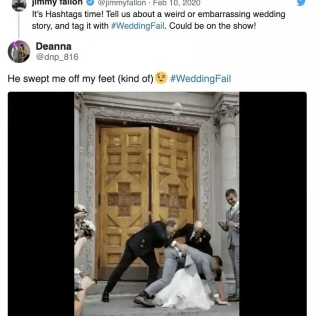 Archived Deanna reply above a bride low to the ground after an attempted romantic dip