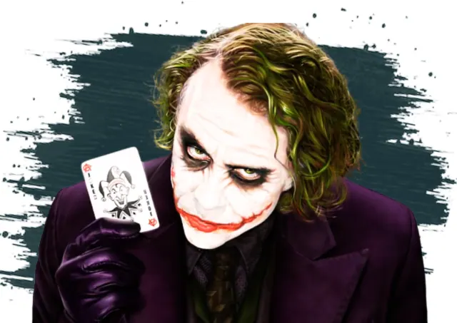 A composition showing Heath Ledger as the Joker holding a playing card