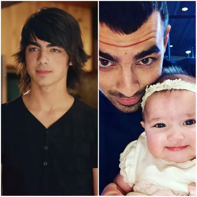 Joe Jonas in an early screen portrait beside a later selfie with a baby