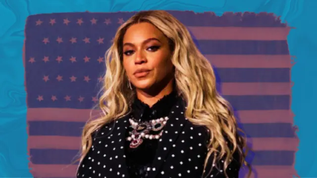 A composition showing Beyoncé in front of an American flag