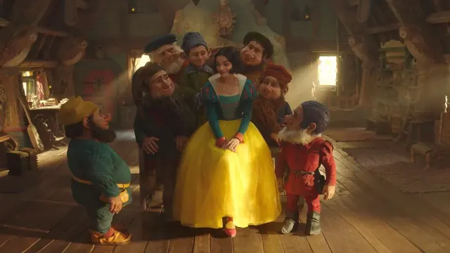 Rachel Zegler as Snow White with the digitally rendered dwarf characters
