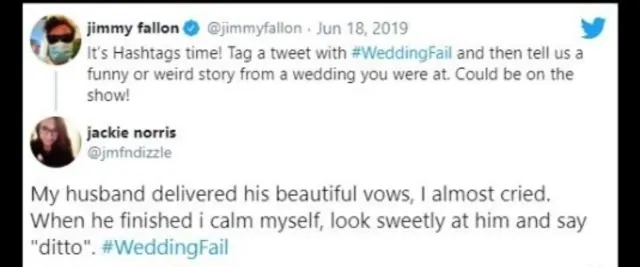 Archived Jackie Norris reply describing a one-word answer after her husband’s wedding vows
