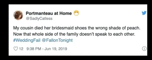 Archived SadlyCatless post attributing a family dispute to the shade of bridesmaid shoes