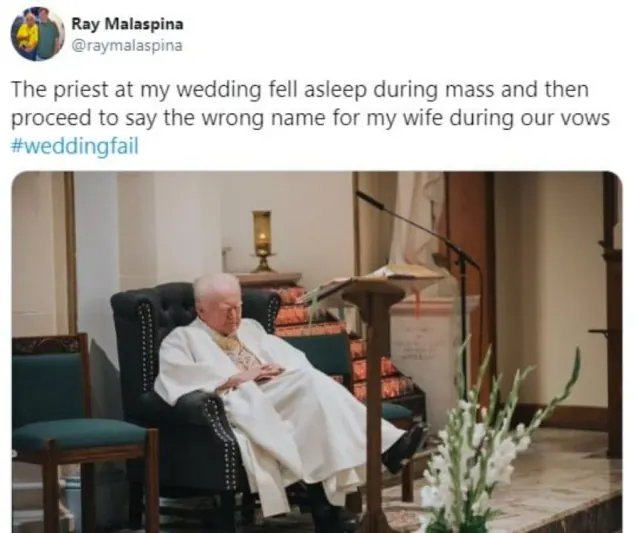 Archived Ray Malaspina account above a seated priest with his eyes closed