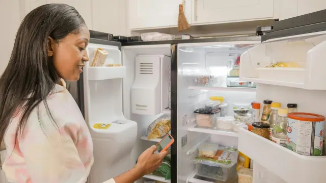 A person looking inside an open refrigerator