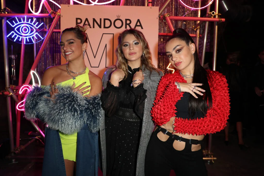 LONDON, ENGLAND - OCTOBER 22: Addison Rae, Cecilia Cantarano and Charli XCX attend the Pandora ME London Launch Event at Leake street Arches on October 22, 2021 in London, England.